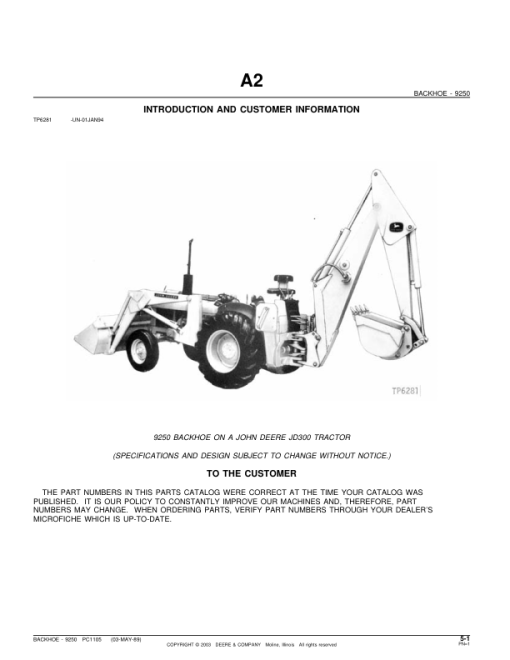 John Deere 9250 Attachments (SN 9250 Backhoe on a JD300 Tractor) Parts Catalog Manual - PC1105