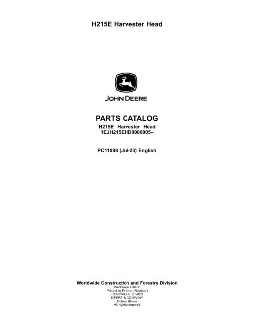 John Deere H215E Harvesting Heads (SN 1EJH215EHD0000005–) Parts Catalog Manual - PC11088