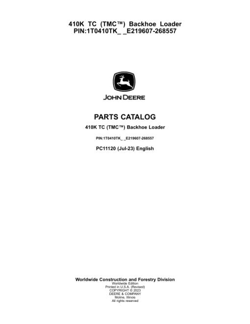 John Deere 410K TC TMC Backhoes (SN E219607-268557) Parts Catalog Manual - PC11120