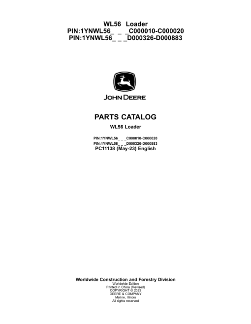 John Deere WL56 Loaders (SN C000010-C000020 & D000326-D000883) Parts Catalog Manual - PC11138