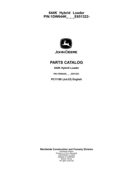 John Deere 644K HYBRID Loaders (SN 1DW644K_ E651322-) Parts Catalog Manual - PC11180