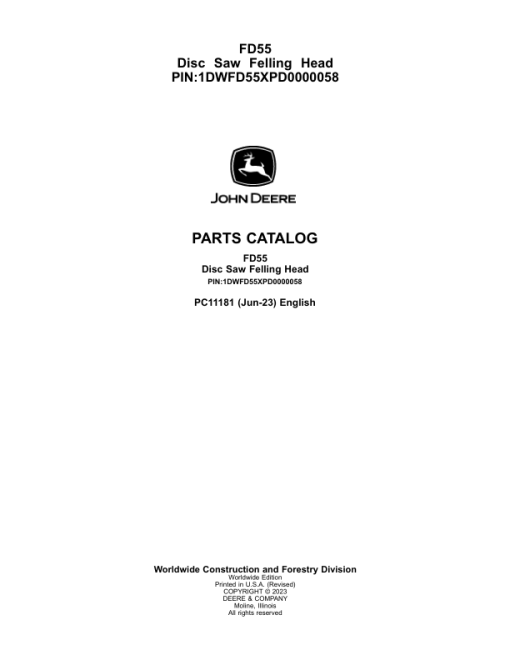 John Deere FD55 Felling Heads Parts Catalog Manual - PC11181