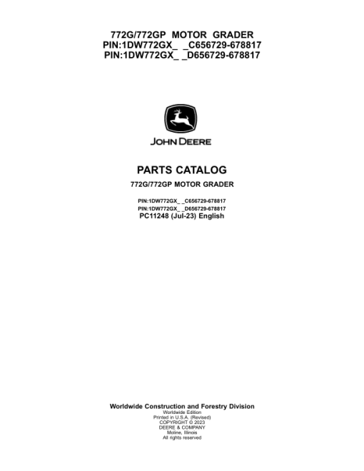 John Deere 772G, 772GP Graders (SN C656729- & D656729-) Parts Catalog Manual - PC11248