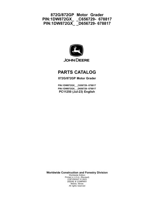 John Deere 872G Graders (SN C656729- 678817 & D656729- 678817) Parts Catalog Manual - PC11250