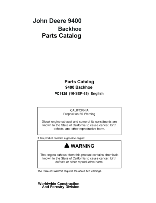 John Deere 9400 Backhoe Attachments Parts Catalog Manual - PC1125