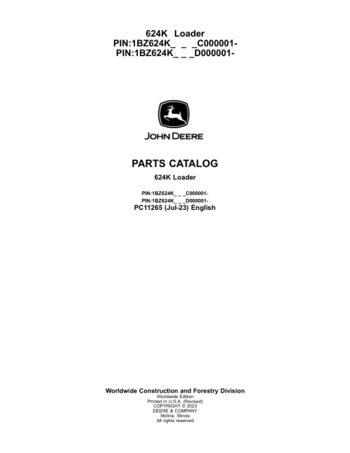 John Deere 624K Loaders (SN C00001- & D00001- ) Parts Catalog Manual - PC11265