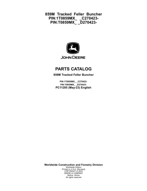 John Deere 859M Tracked Feller Bunchers (SN C270423- & D270423) Parts Catalog Manual - PC11285