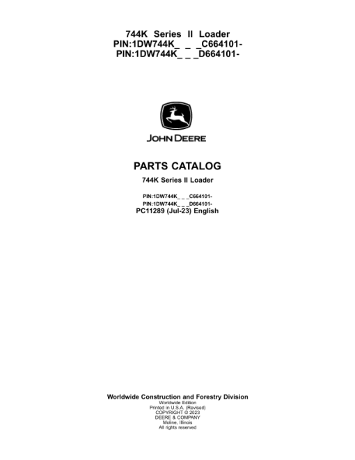 John Deere 744K Series II Loaders (SN C664101- & D664101-) Parts Catalog Manual - PC11289