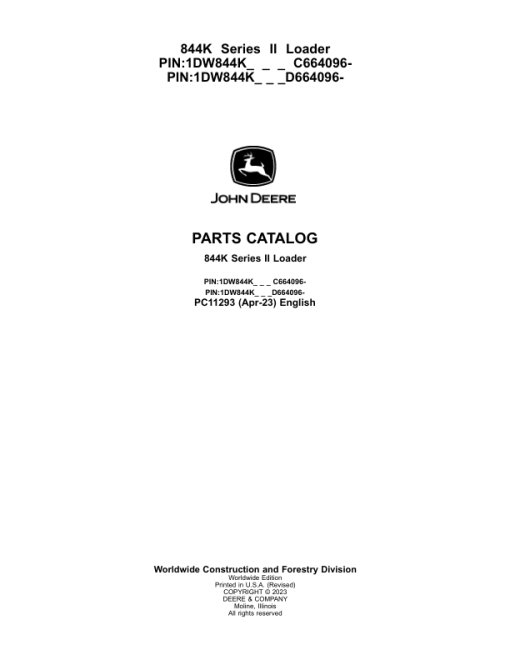 John Deere 844K Series II Crawlers (SN C664096- & D664096-) Parts Catalog Manual - PC11293