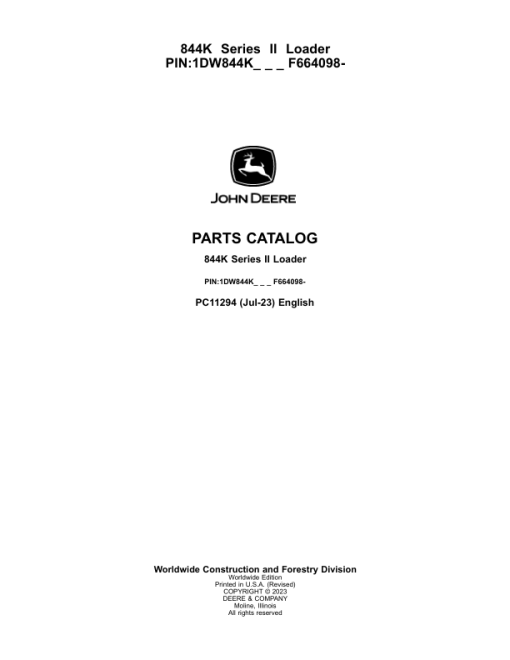 John Deere 844K Series II Crawlers (SN 1DW844K_  F664098-) Parts Catalog Manual - PC11294