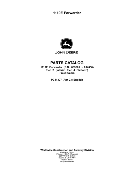 John Deere 1110E IT4 T2 FFC Forwarders (SN 003801 - 004050) Parts Catalog Manual - PC11307