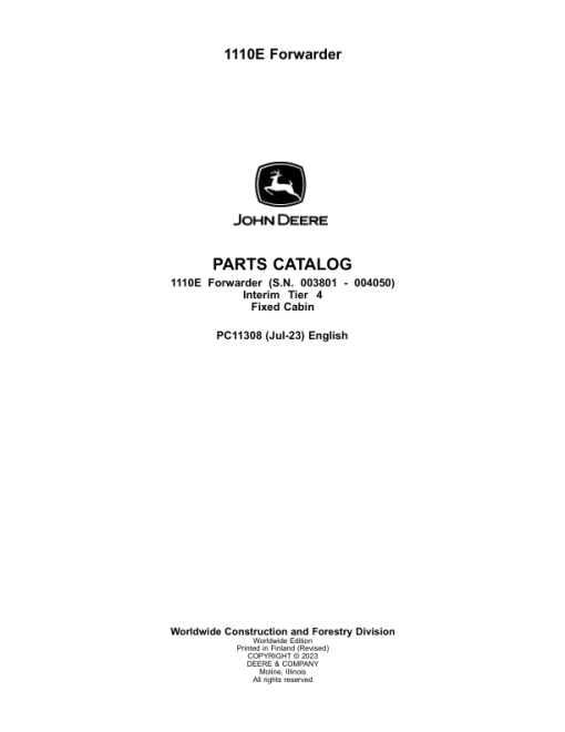 John Deere 1110E IT4 FFC Forwarders (SN 003801 - 004050) Parts Catalog Manual - PC11308