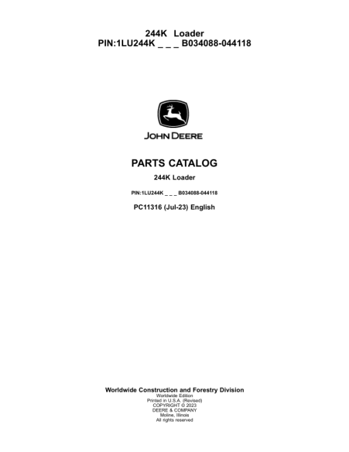 John Deere 244K Loaders (SN B034088-044118) Parts Catalog Manual - PC11316