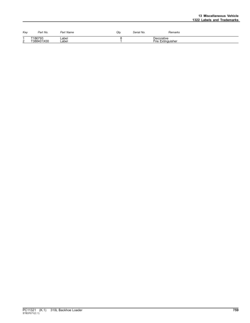 John Deere 310L Backhoe Loaders (SN F273920-390995) Parts Catalog Manual - PC11321 - Image 2