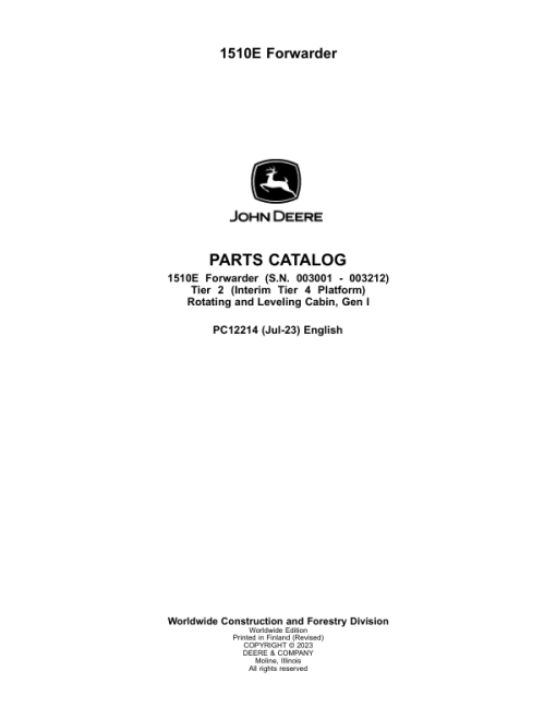 John Deere 1510E IT4 T2 Forwarders (SN 003001-003212) Parts Catalog Manual - PC12214