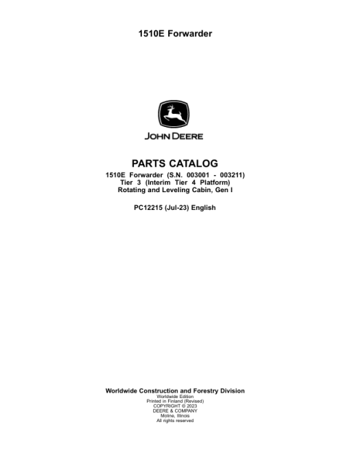 John Deere 1510E IT4 T3 Forwarders (SN 003001 - 003211) Parts Catalog Manual - PC12215