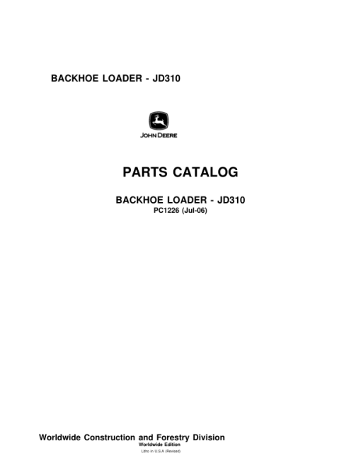 John Deere 310 Backhoes Parts Catalog Manual - PC1226