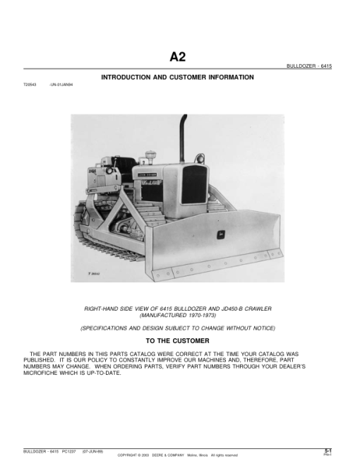 John Deere 6415, 450B Attachments (YR 1970-1973) Parts Catalog Manual - PC1237