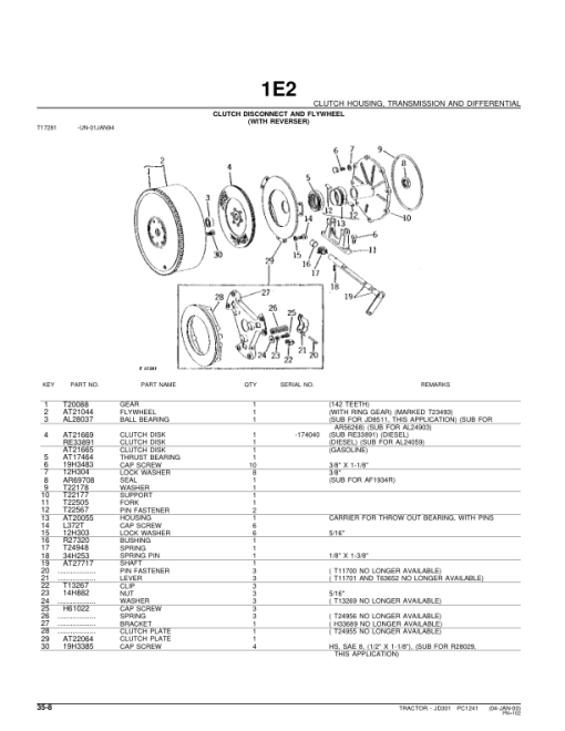 John Deere 301 Tractors Parts Catalog Manual - PC1241 - Image 2