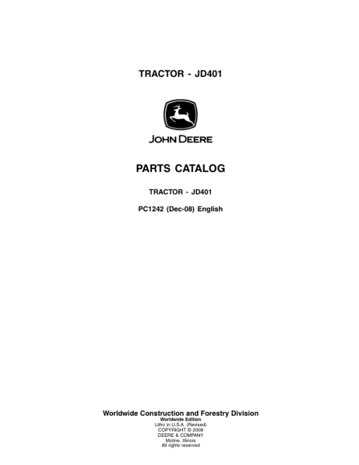 John Deere 401 Tractors Parts Catalog Manual - PC1242