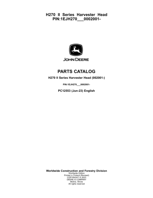 John Deere H270 Harvesting Heads (SN 002001-) Parts Catalog Manual - PC12553