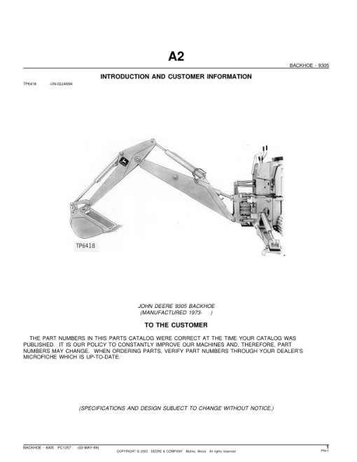 John Deere 9305 Attachments (9305 BACKHOE (MANUFACTURED 1973- ) Parts Catalog Manual