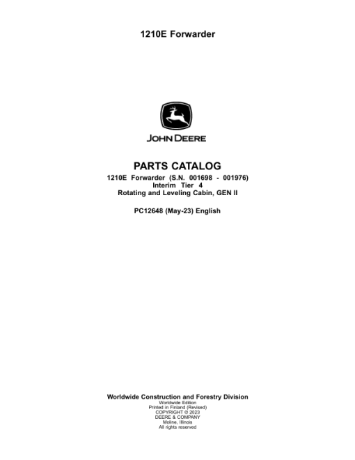 John Deere 1210E IT4 Forwarders (SN 001698 - 001976) Parts Catalog Manual - PC12648