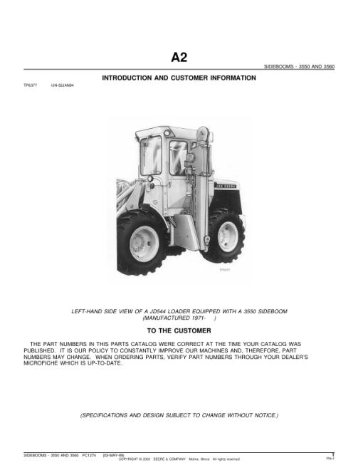 John Deere 3550, 3560 Attachments (JD544 Loader with 3550 SideBoom (YR 1971- ) Parts Catalog Manual - PC1274