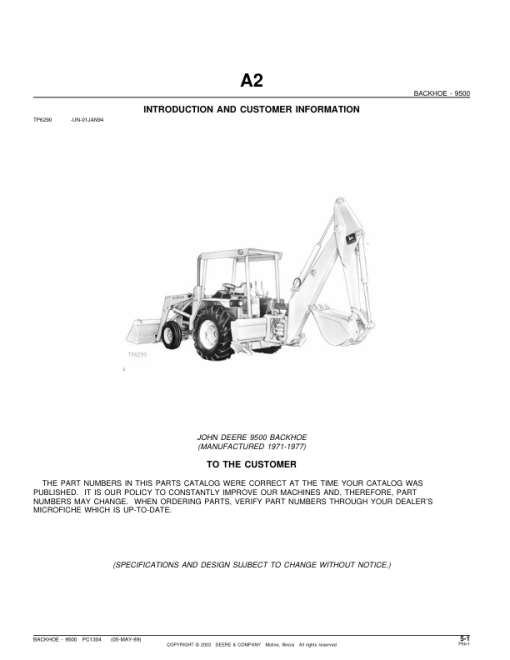 John Deere 9500 Attachments (SN 9500 BACKHOE (YR 1971-1977) Parts Catalog Manual - PC1304