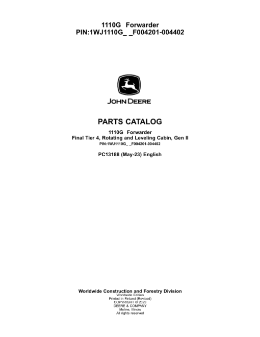 John Deere 1110G FT4 RL Forwarders (SN F004201-004402) Parts Catalog Manual - PC13188