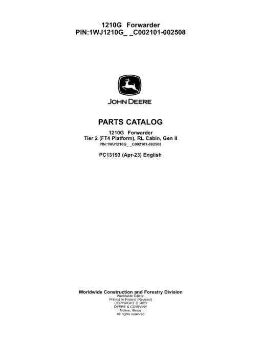 John Deere 1210G T2 RL Forwarders (SN C002101-002508) Parts Catalog Manual - PC13193