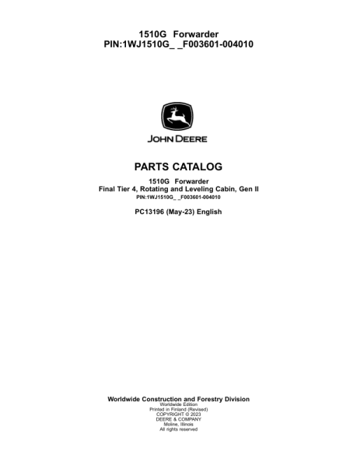 John Deere 1510G FT4 RL Forwarders (SN F003601-004010) Parts Catalog Manual - PC13196