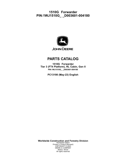 John Deere 1510G T3 RL Forwarders (SN D003601-004180) Parts Catalog Manual - PC13198