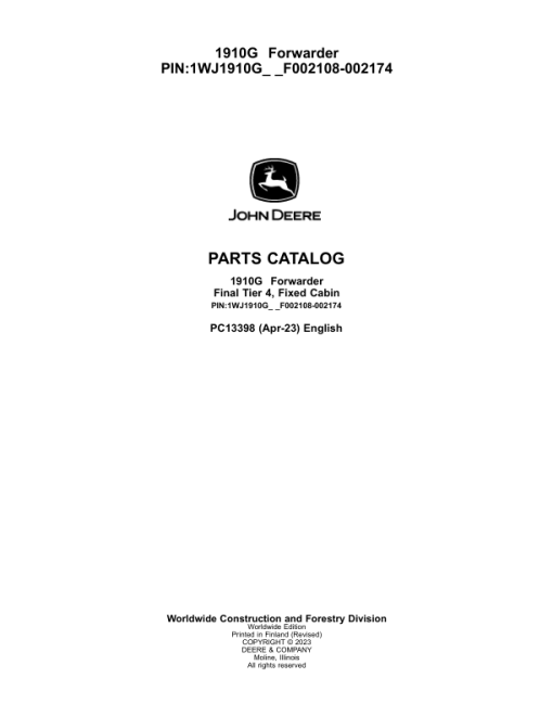 John Deere 1910G Forwarders (SN F002108-002174) Parts Catalog Manual - PC13398