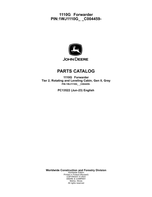 John Deere 1110G T2 RL Forwarders (SN C004459-) Parts Catalog Manual - PC13522