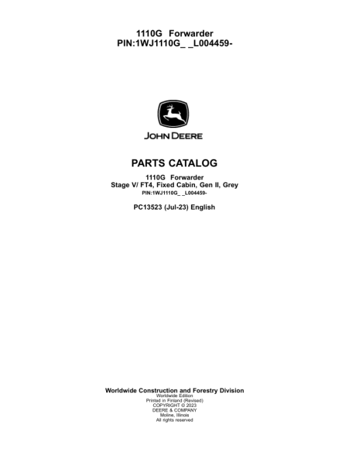 John Deere 1110G FT4 FFC Forwarders (SN L004459-) Parts Catalog Manual - PC13523