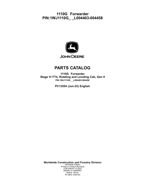 John Deere 1110G FT4 RL Forwarders (SN L004403-004458) Parts Catalog Manual - PC13554