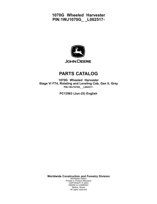 John Deere 1070G Forwarders (SN 1WJ1070G_ _F004403-) Parts Catalog Manual - PC13563