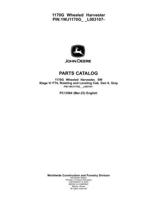 John Deere 1170G Forwarders (SN F003107-) Parts Catalog Manual - PC13564