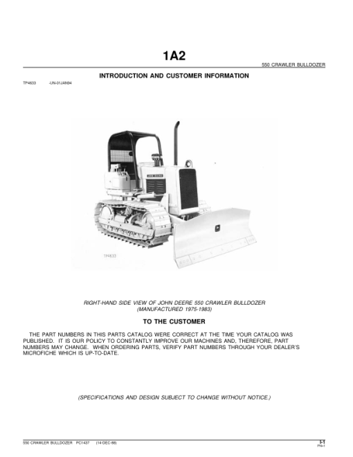 John Deere 550 Crawlers Parts Catalog Manual - PC1437