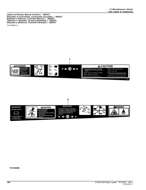 John Deere 312GR Skid Steers (SN 1T0312G_G298752-) Parts Catalog Manual - PC15027 - Image 2