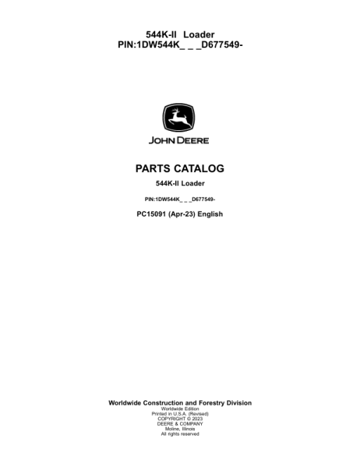 John Deere 544K Loaders (SN 1DW544KX_ _D677549-) Parts Catalog Manual - PC15091