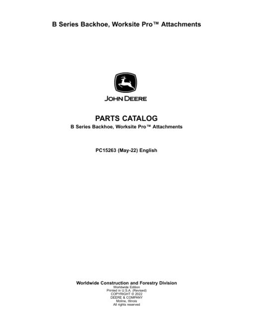 John Deere BH9B, BH10B, BH11B (2019 and after) Backhoe Attachments Parts Catalog Manual - PC15263