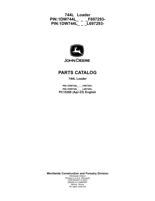 John Deere 744L Loaders (SN F697293- & L697293-) Parts Catalog Manual - PC15269