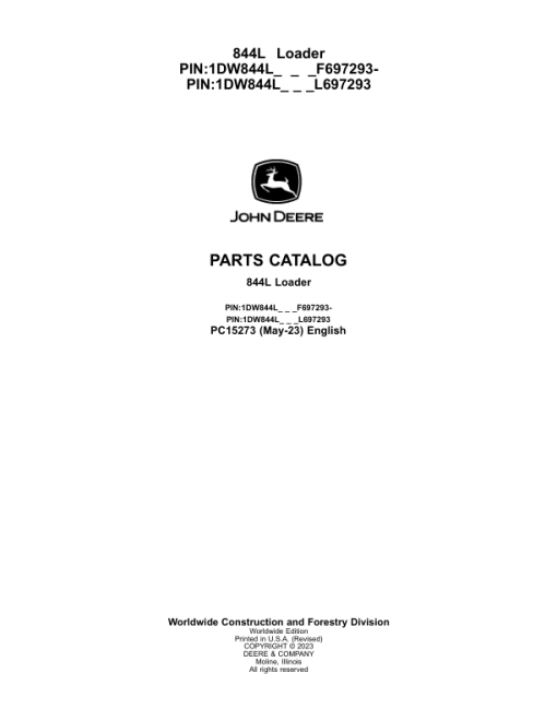 John Deere 844L Loaders (SN F697293- & L697293-) Parts Catalog Manual - PC15273