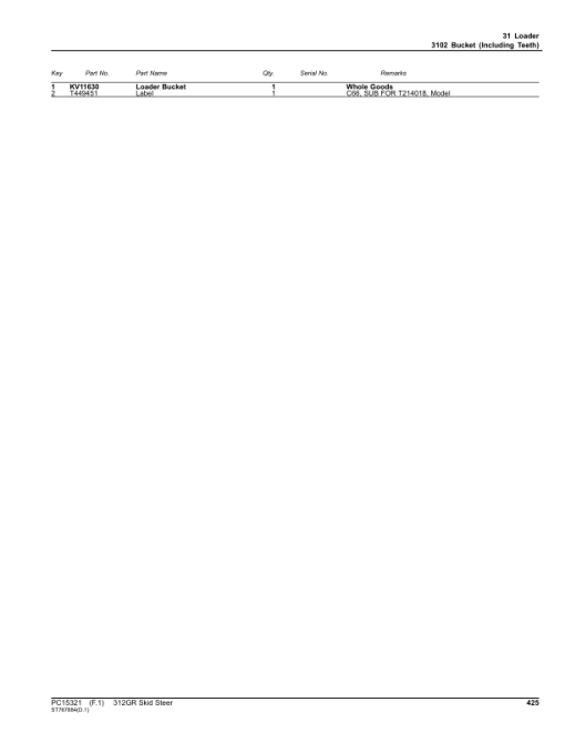 John Deere 312GR Skid Steers (SN 1T0312G_ G366358) Parts Catalog Manual - PC15321 - Image 2