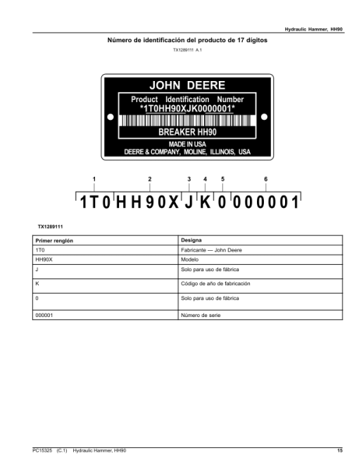 John Deere HH90 Hydraulic Hammers (SN 1T0HH90X__0000001-) Parts Catalog Manual - PC15325 - Image 2