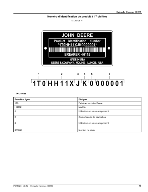 John Deere HH115 Hydraulic Hammer (SN 1T0HH11X__0000001-) Parts Catalog Manual - PC15326 - Image 2