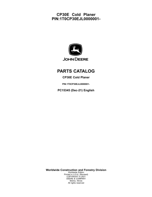 John Deere CP30E Cold Planers (SN 1T0CP30EJ_L0000001) Parts Catalog Manual - PC15345