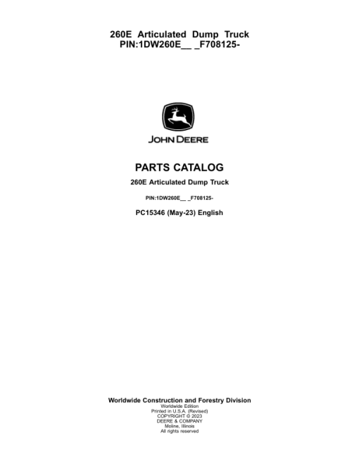 John Deere 260E Articulated Dump Trucks (SN 1DW260E_ _F708125-) Parts Catalog Manual - PC15346